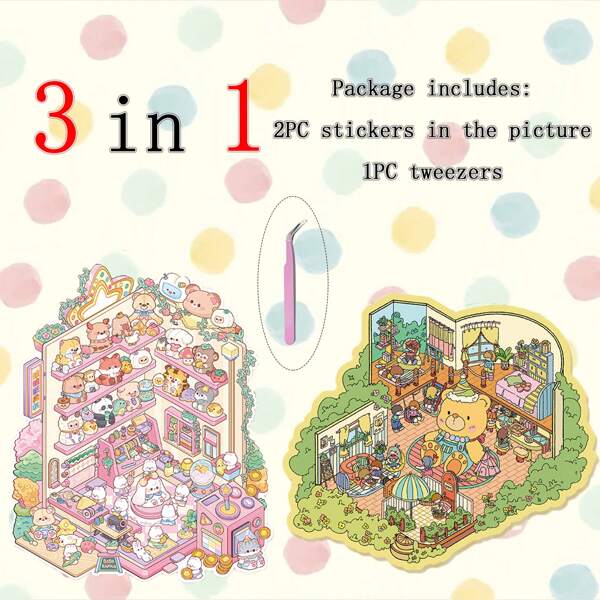 3-In-1 Large Size Sticker Set, Includes Tweezers, Cute 3D Mini Stickers, 2pcs Stickers + 1 Scenery Card, Cartoon Simulation, Detailed Scenery Sticker Craft, Creative 3D Miniature Diorama Scene Collage, Cute Stress Relief DIY Sticker Art, Puzzle Mini House Decor, No Cutting Scenery Sticker, 3D Layered Miniature House Stickers