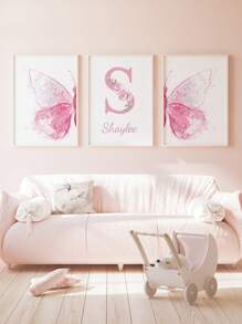 3pcs Custom Name Art Poster Personalized Butterfly Canvas Hanging Pictures Aesthetic Wall Art Dopamine Fashion Poster Nursery Kids Room Wall Decoration Girls Bedroom Decor Birthday Gift No Frame, Valentine Day, Valentine Day Decor Gifts Graduation, Multi-Functional, Durable, Quick Dry, Waterproof, Anti-Mold, Reusable, Ornamental School, Office, Tea Room, Home, Garden, Graphic Print