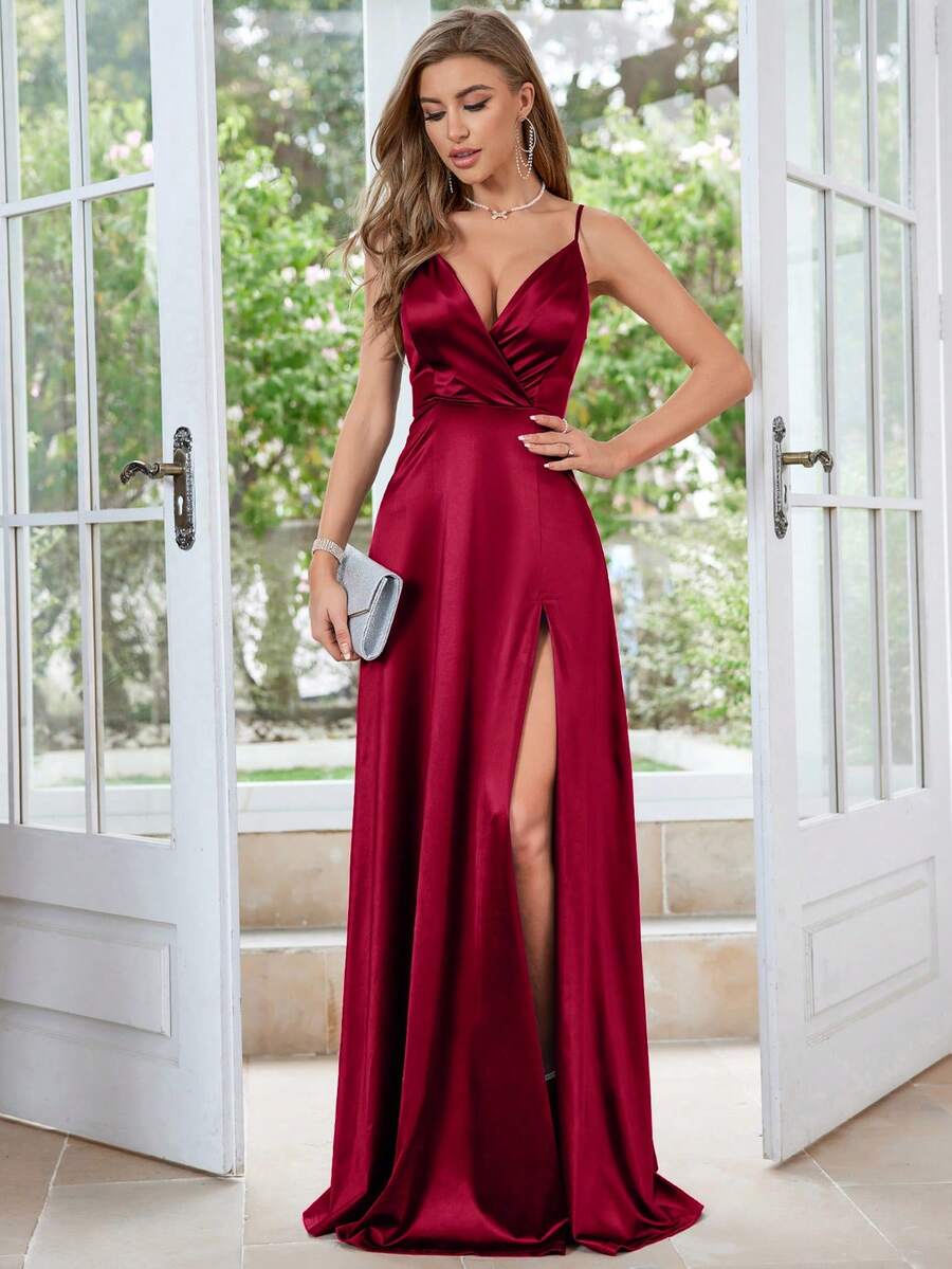MUXXN Gaun Pesta Model Lilitan Tali Bahu Tipis, Warna Satin, Belahan Depan, Formal, Untuk Acara Malam Hari, Tamu Pernikahan - Merah - View 1