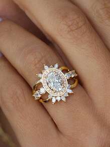 1 pieza Lujoso anillo de mujer de oro francés con diseño geométrico elíptico hueco y circonita cúbica, adecuado para boda, Día de San Valentín, compromiso, aniversario, regalo para la novia