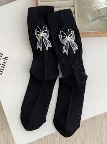 1 Pair Women's Korean Style Socks With Embroidered Bow & Pearl Decor, Fashion Sweet & Cute
