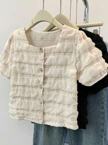 Solid Color Polyester Layered Cake Button Short Sleeve Blouse, Asymmetric Cut, Summer