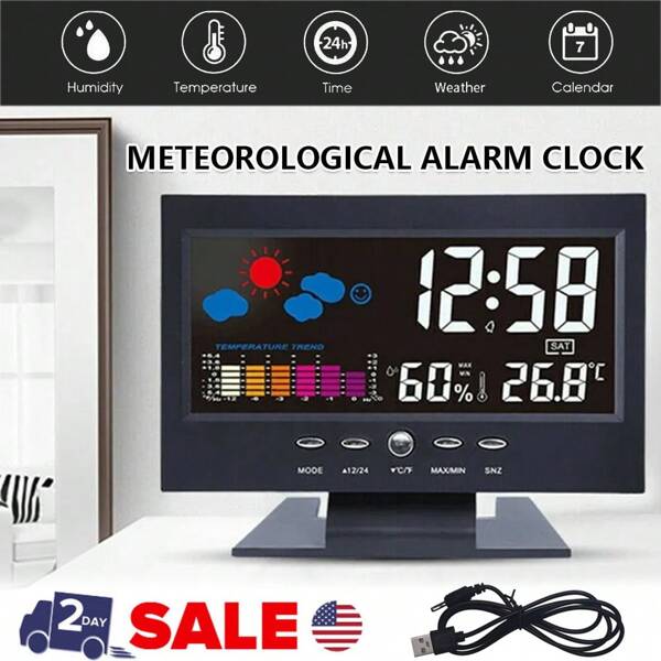 Weather Alarm Clock 8082T - Black, Digital Display, Accurate Weather Predictions