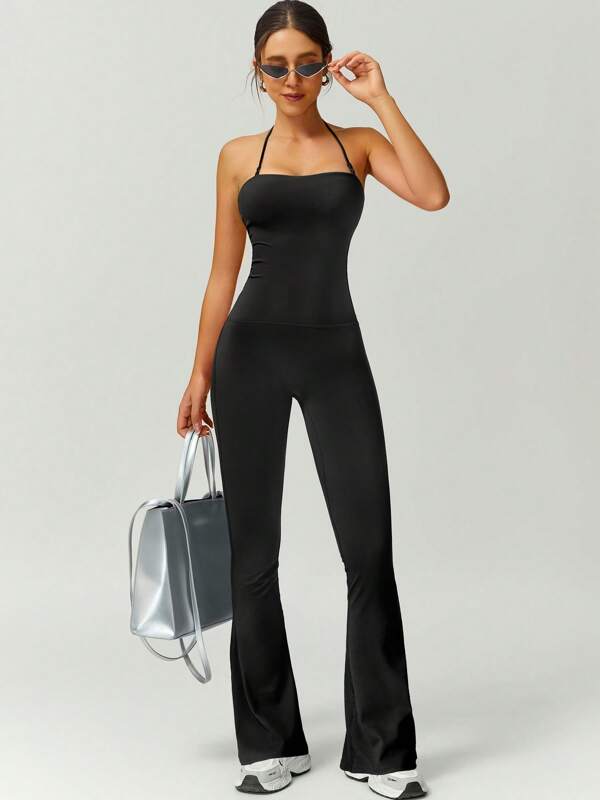 NcmRyu 1pc Women's Seamless Elastic Halter Backless Slim Waist Lifting Butt Shaping Sexy Sports Jumpsuit, Spring/Summer Shapewear Bodysuit