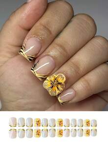 24Pcs Square Nails Creative Yellow Flowers Yellow Black Tiger Pattern French Fake Nails, Press On Nails. Nail Supplies Nails - Multicolor - View 2