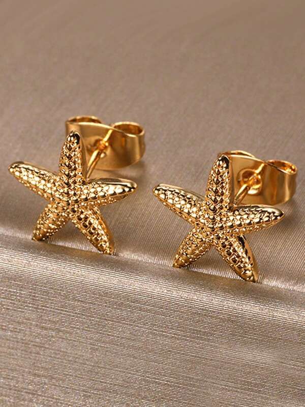 زوج من أقراط أنيقة بتصميم نجمة البحر، أقراط بنمط نجمة البحر من عناصر المحيط، بلون ذهبي/فضي، مناسبة للنساء في فصل الصيف