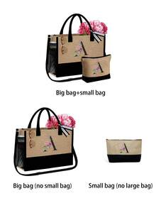 1set ,A Initial Flowers Pattern Tote Bag With Shoulder Straps&A Makeup Bag Initial Letters A-Z Set, Personalized Gift Bag With Side Pockets,Beach Bag With Scarf,Portable Leisure Storage Handbags, Multifunctional Shopping Bags, Travel Simple Storage Bag - Khaki - View 4