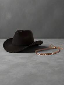 1pc Unisex Leather Pentagram Decor Black Felt Cowboy Hat, Western Cowboy Hat, Punk Vintage Jazz Hat, Suitable For Outdoor Travel, Vacation, Party And Daily Use - Multicolor - View 5