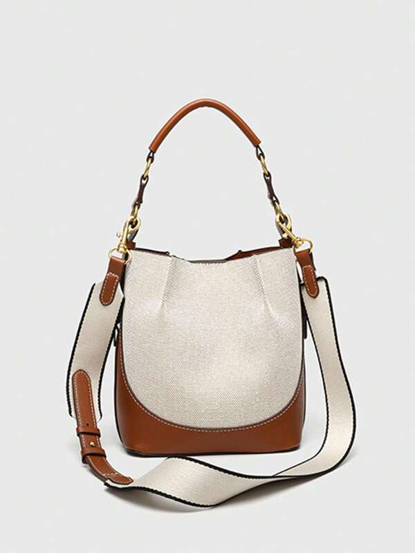 حقيبة سطل من القماش بتصميم لامع، حقيبة يد للسيدات مصممة من جلد البي يو الفاخر بحزام كتف عريض