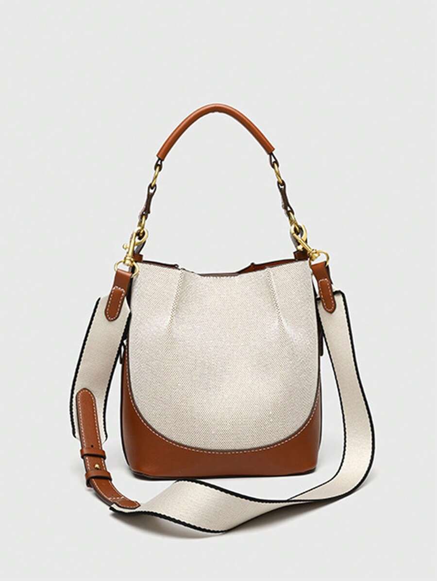 Bolso de cubo de lienzo con diseño de patchwork, bolso de mano de diseñador para mujer, bolso de lujo con correa de hombro ancha de piel de PU