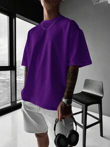Áo thun nam tay ngắn cổ tròn rộng rãi màu trơn, mặc hàng ngày mùa hè - Màu tím - Xem 2