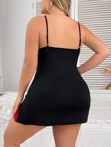 Plus Size Solid Color Bow Lace Patchwork V-Neck Side Slit Nightgown - Black - View 2
