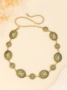 Hollow Floral Oval-Shaped Metallic Waist Chain, Geometric Hiphop Punk Retro Body Chain For Women, Vintage Bohemian Zinc Alloy Waist Belt, Suitable For Spring, Summer, Autumn And Winter