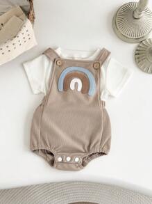 2pcs/Set Cute Rainbow Embroidered Short Sleeve T-Shirt + Bib Overall Romper Summer Outfit For Baby Boys