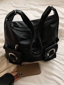 Commute Large Capacity Backpack, Korean Minimalist Chic Versatile Zipper Pocket PU Leather Tote Shoulder Bag - Black - View 2