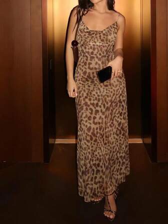 Backless Leopard Print Fitted Long Dress