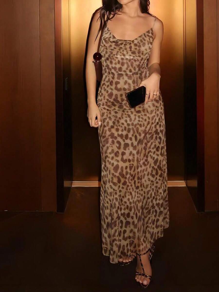 Backless Leopard Print Fitted Long Dress Party Summer Elegant - Brown - View 1