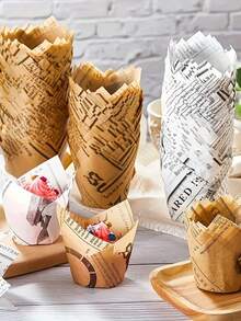 Newspaper Pattern Tulip Cupcake Liners, Mixed Colors, Grease-Resistant Natural Paper Cupcake Cups, Suitable For Weddings, Birthdays, Parties - Multicolor - View 2