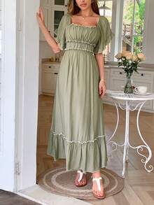 PoPoHouse Women's Dress Summer Vacation Casual Color Contrast Skirt With Ruffled Puffy Sleeves - Green - View 3