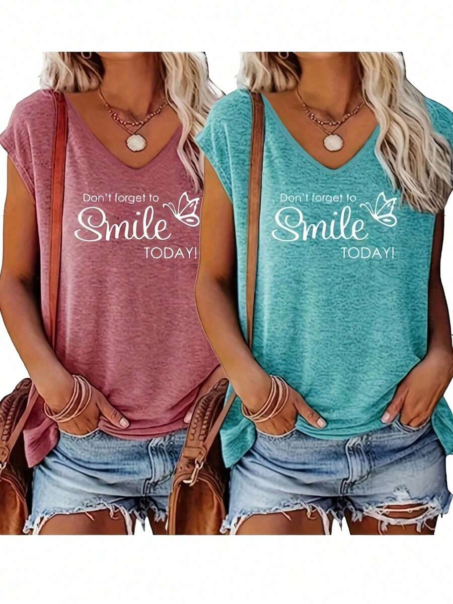 2pcs Solid V-Neck T-Shirts, Casual Short Sleeve Tees For Women, Spring/Summer - Multicolor - View 1