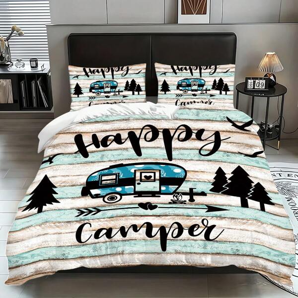 Juego de funda nórdica de 3 piezas con estampado de "Campista feliz" y de bosque, confort ligero para todas las estaciones, 1 funda de edredón con cremallera + 2 fundas de almohada, impresión digital, 100% poliéster, lavable a máquina, sin relleno incluido - Apto para adolescentes y adultos, adecuado para dormitorio, hotel y casas de huéspedes