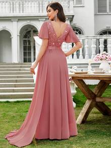 MIUSOL Sequin Embroidered Lace Sweetheart Neck Ruffle Sleeve Draped Side Split Thigh Formal Party Maxi Dress, Wedding Dress, Bride - Dusty Pink - View 3