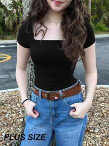 Plus Size Women's Square Neck Y2K Casual Solid Color Short Sleeve T-Shirt - Black - View 10
