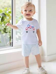 Little Boys 4th Of July Outfits Set Short Sleeve Stars T-Shirt And Plaid Shorts Kids Independence Day Clothes Set - White - View 4