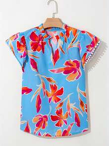Acelitt Hellblaue Bluse mit Blume Muster, V-Ausschnitt, Rüschenärmeln und Bommel-Saum, Sommer - Verschiedenfarbig - Übersicht 3
