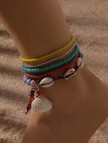 5pcs/Set Bohemian Seashell Multi-Element Pendant Anklet, Colorful Bead Multilayer Elastic Rope Anklet, Versatile, Women Fashionable Design, Suitable For Travel & Photography - Royal Blue - View 4