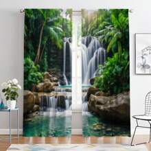 2pcs Tropical Waterfall Print Sheer Curtains, Elegant Style Semi-Transparent Polyester Curtains, Machine Washable, Rod Pocket Hanging, No Lining, Suitable For Living Room And Bedroom Decor