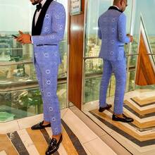 Traje de hombre de corte entallado de 3 piezas, esmoquin de un botón para boda, graduación, cena (chaqueta, chaleco y pantalones) - Azul - Ver 2