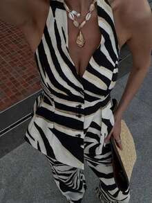 女式休闲印花露背背心和高腰阔腿裤套装