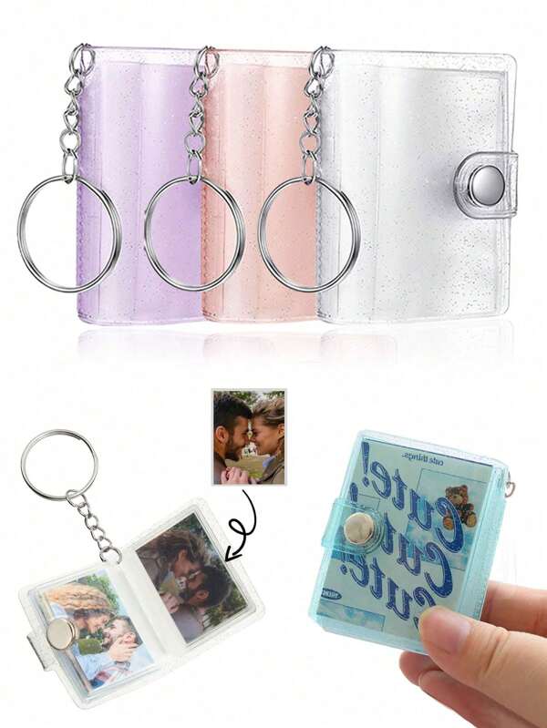 1PC/4PCS 1 Inch Mini Small Photo Album Valentine Photo Storage With Keychain Clear Pocket Photo Album Keychain For Picture Valentine Gift Wedding Birthday Anniversary Memory,Suitable For Photos, Car Keychains Car Accessories Bag Charm Backpack For School