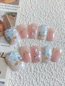 10 piezas de uñas de presión manual, uñas cuadradas cortas de presión, arte de uñas de primavera y verano, uñas postizas, diseño de degradado de color rosa romántico, diseño de patrón de color degradado, flores coloridas, accesorios para uñas - Multicolor - Ver 2