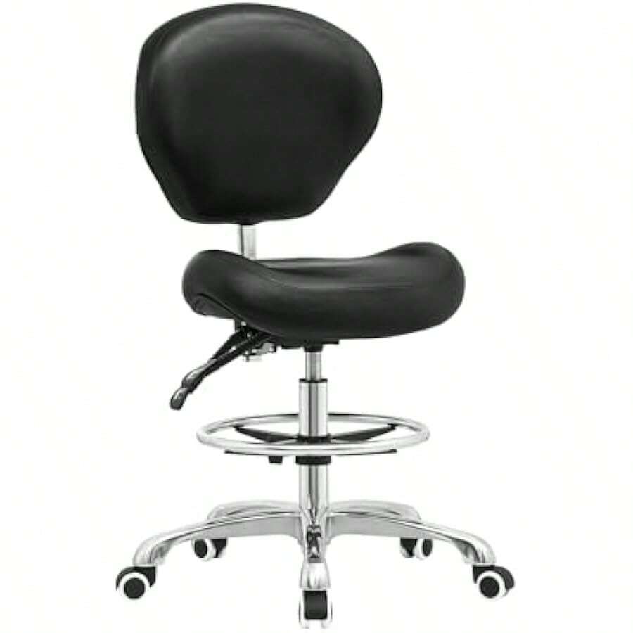 Adjustable Stools Drafting Chair With Backrest Foot RestTilt Back Peneumatic Lifting Height Swivel Seat Rolling Wheels For Studio Dental Office Home Desk Chairs Black - Black - View 1