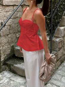 1 pezzo Canotta donna casual senza maniche con balze sul fondo, elegante canotta minimalista francese in colore bianco tinta unita, adatta per vacanze e quotidiano, con spalline e incrocio sulla schiena, stile sexy Y2K, adatta per primavera, estate, autunno