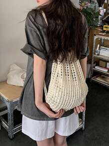 Yogodlns High Quality Casual Bag Hollow Out Woven Handmade Bucket Bag Women Handbag Large Capacity Tote Bag Lady Purse Shoulder Bag Fashion Women Hollow Woven Shoulder Bags Large Capacity Crochet Backpack Knitting Handbags Female Shopping Tote