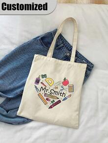 Customized Teacher Heart Tote Bag, Personalized Polyester School Bag With Custom Name, Back To School Gift, Durable Teacher Appreciation Handbag - Multicolor - View 3