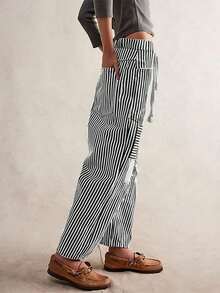 Women Striped Pants Elastic Waist Drawstring Patchwork Wide Leg Pants Loose Trousers With Pockets - Black - View 3