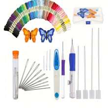 1 Set Embroidery Starter Kit, Includes Magic Pen, 50 Colorful Threads, Needles And Thread - DIY Punch Needle Craft Set With Floral Designs, Suitable For Beginners (Accessory Colors Randomly Assorted)