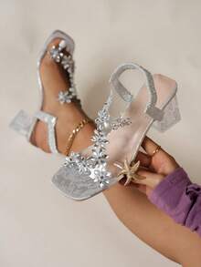Women's Fashion Square Toe Transparent Chunky Heel Sandals, Floral Sweet Style Sandals - Silver - View 2