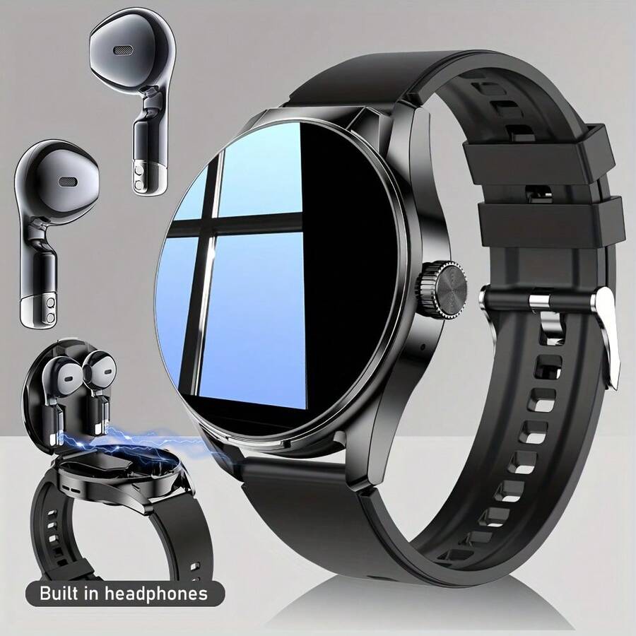Smartwatch With Earbuds, 1.46-Inch Full Touch Screen, Wireless Voice Calling, Multiple Sports Mode Tracking, Weather Reminder, Message Reminder, DIY Watch Face, Smart Watch For Android And IOS - With Headphones Black Dial Silicone Strap - View 1