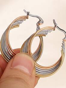 1Pair Multi-Colored Oval Earrings Hoop Earrings For Women Stainless Steel Earrings Hypoallergenic Earrings For Birthday Party Daily Jewelry Christmas Gifts - Multicolor - View 4