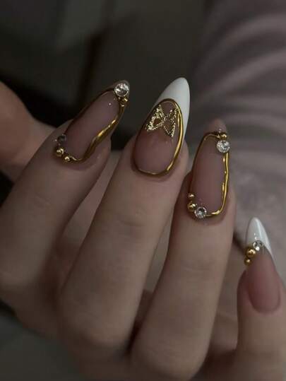 24Pcs Medium Almond Press On Nails Stiletto White French Tip Nails With Gold Beads Rhinestone & Butterfly Design Vintage Style For Women And Girls Summer Nails Daily Wear Nail Supplies Nails