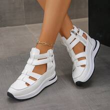 1 par de sandalias de plataforma con cuña de verano, de suela cómoda y suave, con cremallera lateral, para mujer. Esencial para viajar. - Blanco - Ver 6