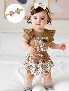 0-18 Months Baby Girl Western Outfit Cowgirl Hat Letter Short Sleeve Ruffle Romper Layered Skorts Bow Headband 3 Piece Set - Khaki - View 3