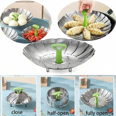 1pc Multifunctional Stainless Steel Expandable Steamer, Suitable For Home Cooking, Foldable Draining Fruit Basket Steamer, Applicable For Fruits, Buns, Dumplings And Various Dishes, Suitable For Cooking Pot And Oven, Outdoor Picnic And Hotel, Practical Kitchen Accessory And Tool