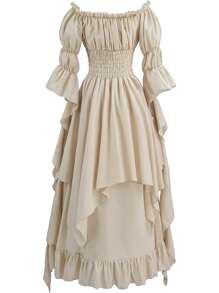 Medieval Women's Solid Color Black Fungus Edge One Shoulder Trumpet Sleeve Waist Tie Long Elegant Dress