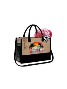 Set di borse da spiaggia per donne, borsa in tela per accessori da spiaggia, con cappello da spiaggia da donna a onde color kaki, borsa a tracolla, borsa a mano, borsa trucchi in lino, cappello da sole a tesa larga con protezione solare, cappello da viaggio da esterno a forma di fiocco